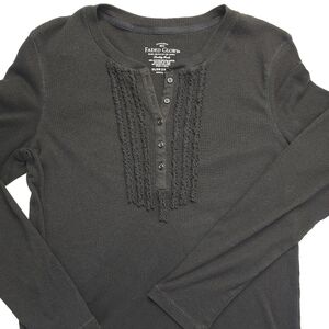 Faded Glory Black Ribbed Henley Top Soft Grunge Lace Trim Long Sleeve XL
